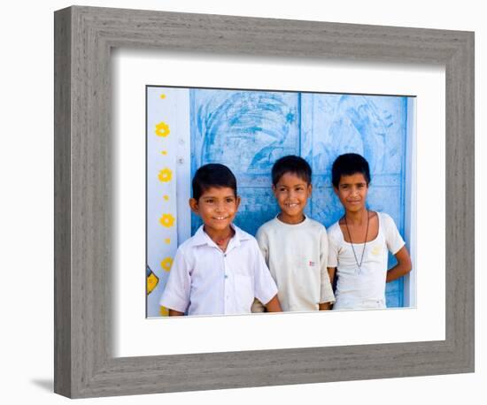 Children Against Blue Wall in Jaipur, Rajasthan, India-Bill Bachmann-Framed Photographic Print