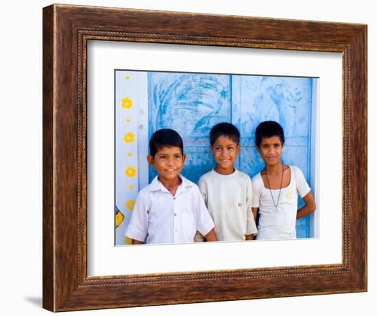 Children Against Blue Wall in Jaipur, Rajasthan, India-Bill Bachmann-Framed Photographic Print