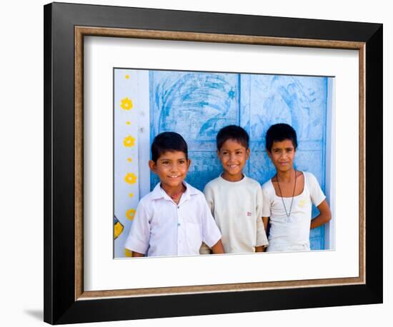 Children Against Blue Wall in Jaipur, Rajasthan, India-Bill Bachmann-Framed Photographic Print