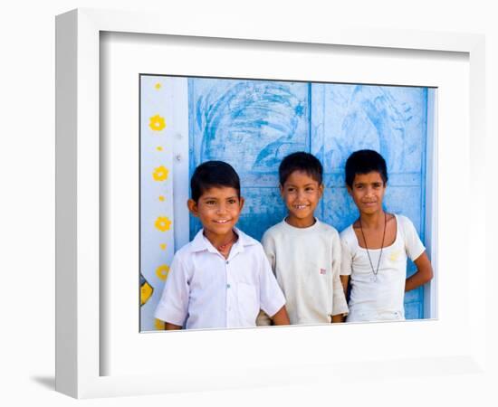 Children Against Blue Wall in Jaipur, Rajasthan, India-Bill Bachmann-Framed Photographic Print