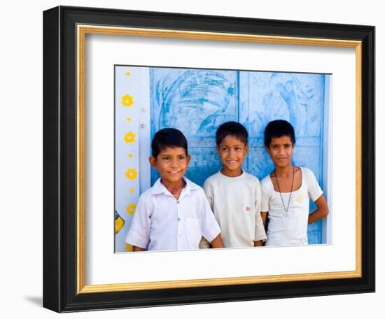 Children Against Blue Wall in Jaipur, Rajasthan, India-Bill Bachmann-Framed Photographic Print