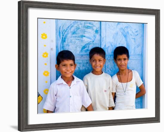 Children Against Blue Wall in Jaipur, Rajasthan, India-Bill Bachmann-Framed Photographic Print