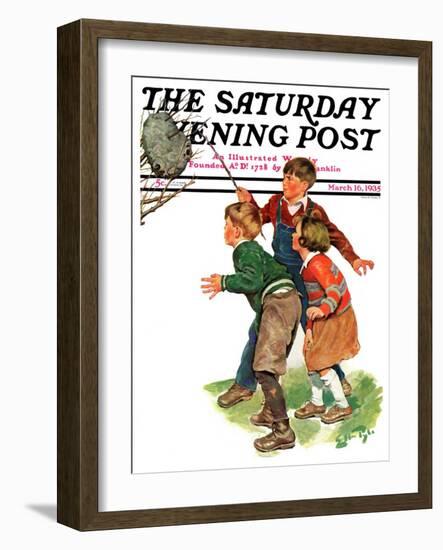 "Children and Hornets Nest," Saturday Evening Post Cover, March 16, 1935-Ellen Pyle-Framed Giclee Print