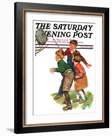 "Children and Hornets Nest," Saturday Evening Post Cover, March 16, 1935-Ellen Pyle-Framed Giclee Print
