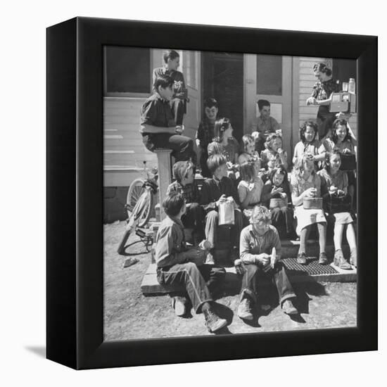 Children and Teacher Sitting Outside One-Room Country School-Hansel Mieth-Framed Premier Image Canvas