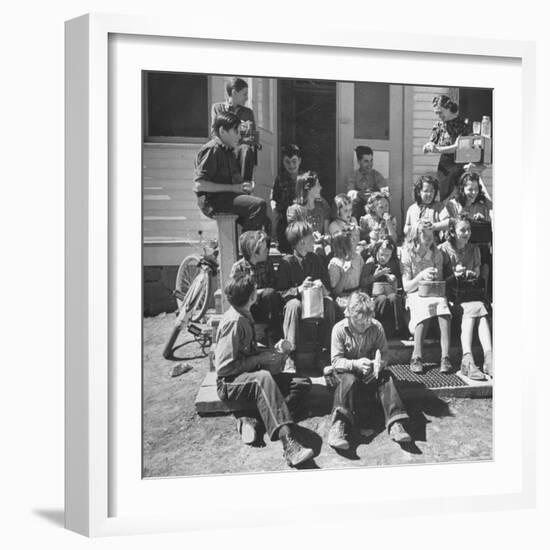 Children and Teacher Sitting Outside One-Room Country School-Hansel Mieth-Framed Premium Photographic Print