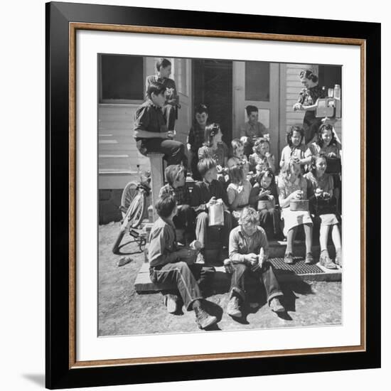 Children and Teacher Sitting Outside One-Room Country School-Hansel Mieth-Framed Premium Photographic Print