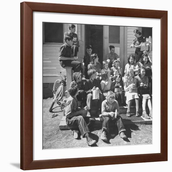 Children and Teacher Sitting Outside One-Room Country School-Hansel Mieth-Framed Premium Photographic Print