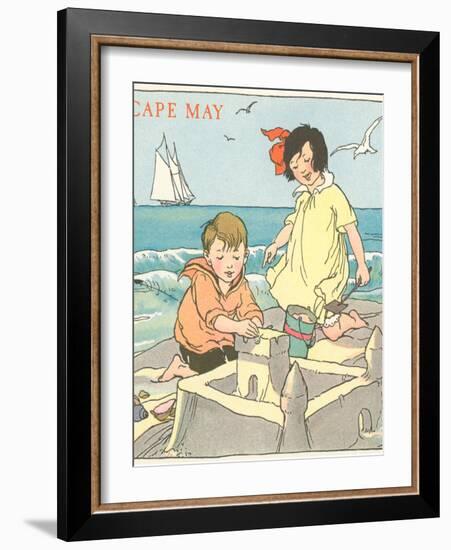 Children Building Sand Castle, Cape May, New Jersey-null-Framed Art Print