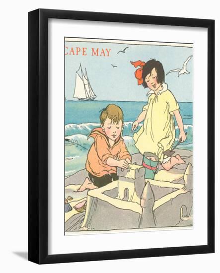 Children Building Sand Castle, Cape May, New Jersey-null-Framed Art Print