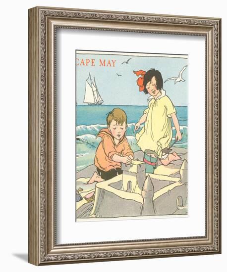 Children Building Sand Castle, Cape May, New Jersey-null-Framed Art Print