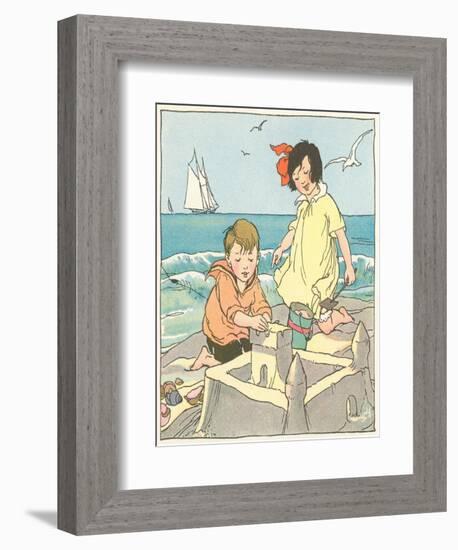 Children Building Sand Castle-null-Framed Art Print