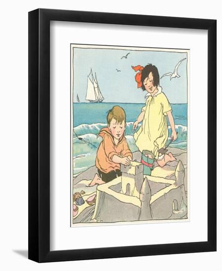 Children Building Sand Castle-null-Framed Art Print