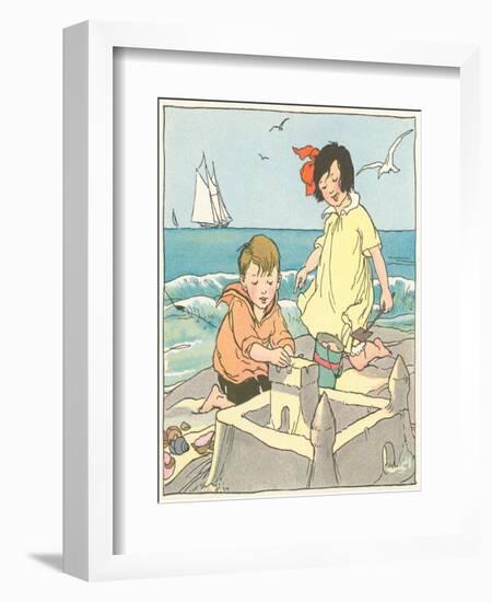 Children Building Sand Castle-null-Framed Art Print