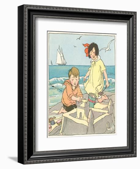 Children Building Sand Castle-null-Framed Art Print