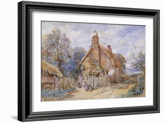 Children by a Thatched Cottage at Chiddingfold-Myles Birket Foster-Framed Giclee Print