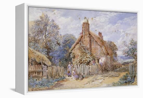 Children by a Thatched Cottage at Chiddingfold-Myles Birket Foster-Framed Premier Image Canvas