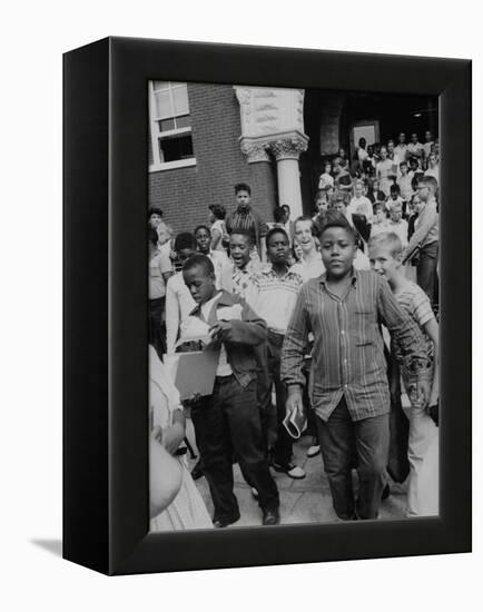 Children Emerging from School after First Day of Integrated Classes-null-Framed Premier Image Canvas