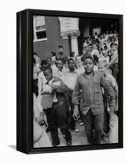 Children Emerging from School after First Day of Integrated Classes-null-Framed Premier Image Canvas