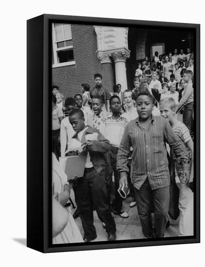 Children Emerging from School after First Day of Integrated Classes-null-Framed Premier Image Canvas