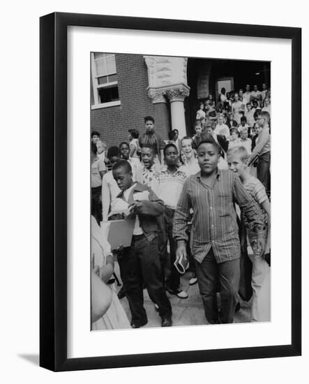 Children Emerging from School after First Day of Integrated Classes-null-Framed Photographic Print