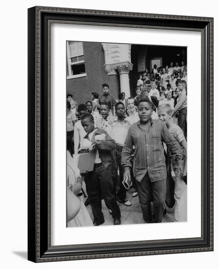 Children Emerging from School after First Day of Integrated Classes-null-Framed Photographic Print