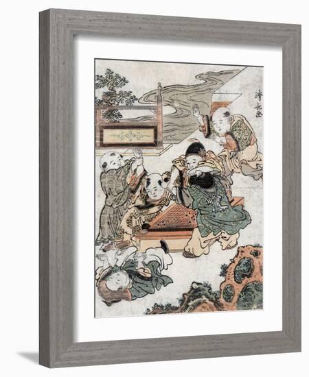 Children Fighting during a Game of Go, Japanese Wood-Cut Print-Lantern Press-Framed Art Print