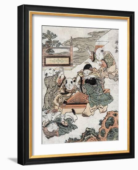 Children Fighting during a Game of Go, Japanese Wood-Cut Print-Lantern Press-Framed Art Print