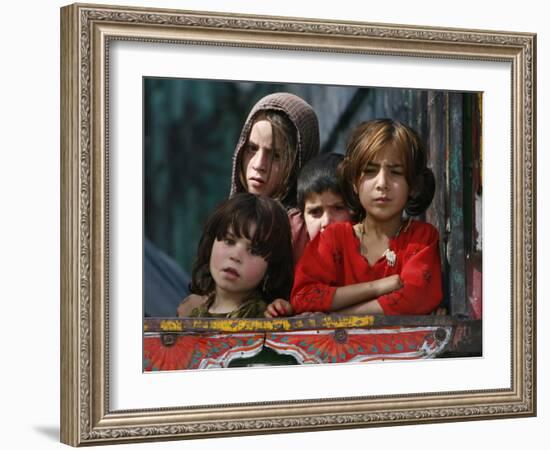 Children from Swat Arrive on a Truck at a Refugee Camp in Mardan, Northwest Pakistan-null-Framed Photographic Print