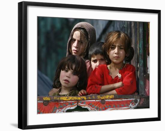 Children from Swat Arrive on a Truck at a Refugee Camp in Mardan, Northwest Pakistan-null-Framed Photographic Print