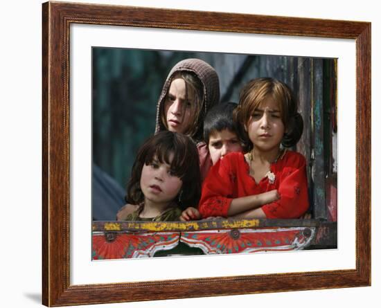 Children from Swat Arrive on a Truck at a Refugee Camp in Mardan, Northwest Pakistan-null-Framed Photographic Print