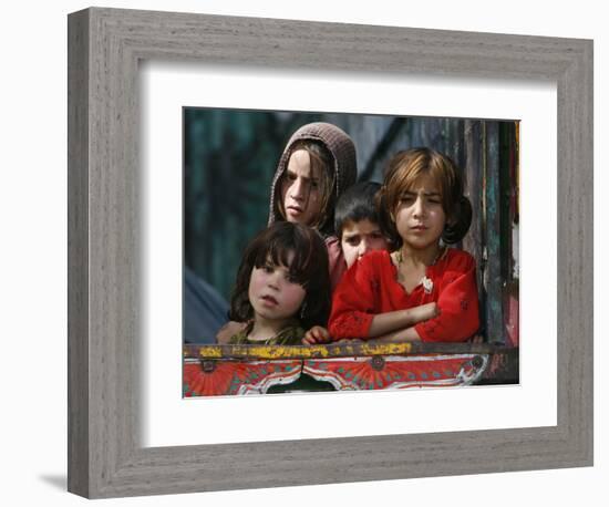 Children from Swat Arrive on a Truck at a Refugee Camp in Mardan, Northwest Pakistan-null-Framed Photographic Print