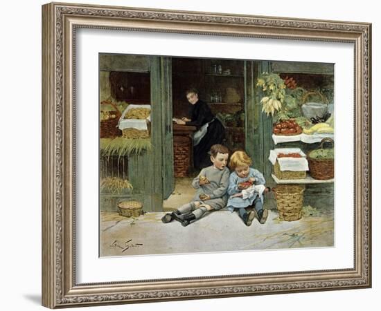 Children Have Afternoon Snack at Grocery Store-Victor Gabriel Gilbert-Framed Art Print