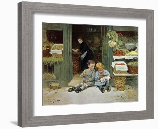 Children Have Afternoon Snack at Grocery Store-Victor Gabriel Gilbert-Framed Art Print