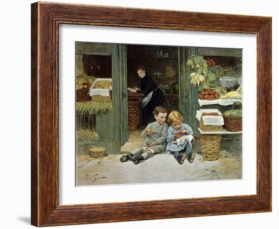 Children Have Afternoon Snack at Grocery Store-Victor Gabriel Gilbert-Framed Art Print