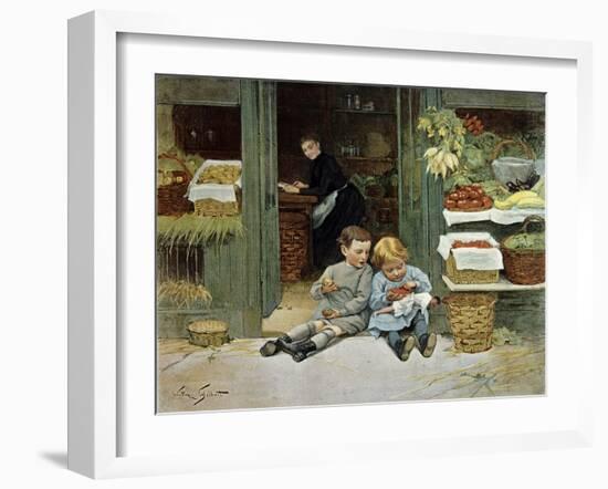 Children Have Afternoon Snack at Grocery Store-Victor Gabriel Gilbert-Framed Art Print