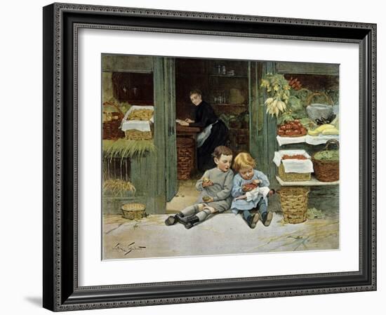 Children Have Afternoon Snack at Grocery Store-Victor Gabriel Gilbert-Framed Art Print