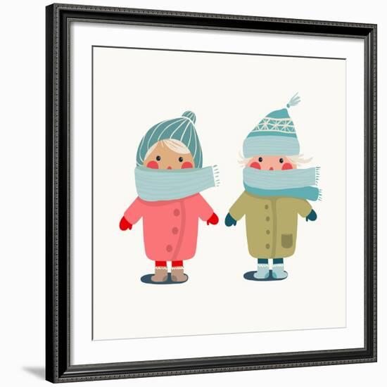 Children in Winter Cloth. Winter Kids Outfit Childish Illustration. Raster Variant.-Popmarleo-Framed Art Print