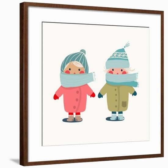 Children in Winter Cloth. Winter Kids Outfit Childish Illustration. Raster Variant.-Popmarleo-Framed Art Print