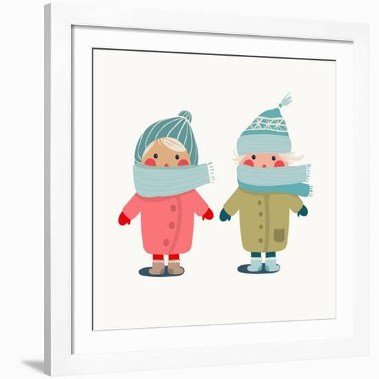 Children in Winter Cloth. Winter Kids Outfit Childish Illustration. Raster Variant.-Popmarleo-Framed Art Print