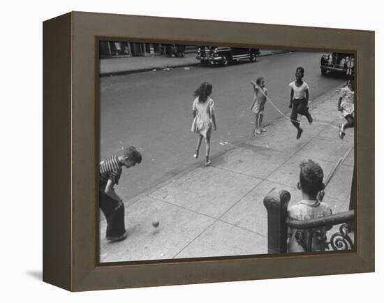 Children Jumping Rope on Sidewalk-Ed Clark-Framed Premier Image Canvas