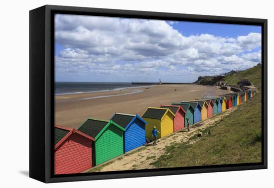 Children Kick Football Near Colourful Beach Huts Above West Cliff Beach-Eleanor Scriven-Framed Premier Image Canvas