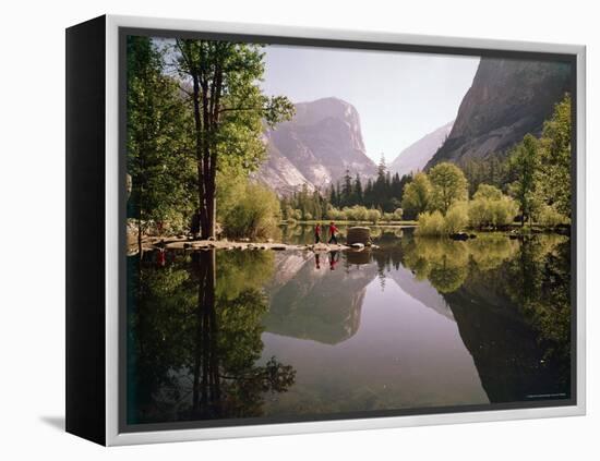 Children on Rocks on Mirror Lake in Yosemite National Park with Mountain Rising in the Background-Ralph Crane-Framed Premier Image Canvas