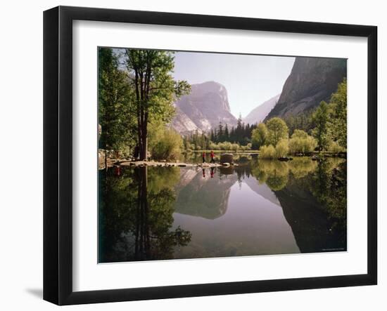 Children on Rocks on Mirror Lake in Yosemite National Park with Mountain Rising in the Background-Ralph Crane-Framed Photographic Print