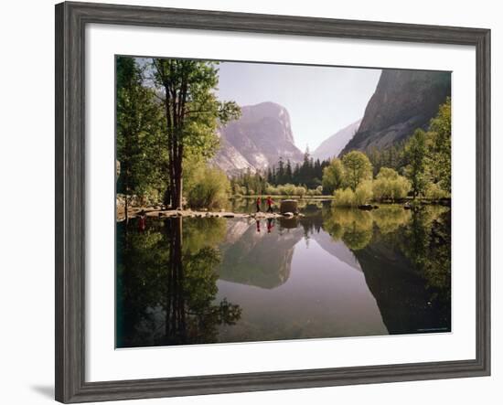 Children on Rocks on Mirror Lake in Yosemite National Park with Mountain Rising in the Background-Ralph Crane-Framed Photographic Print