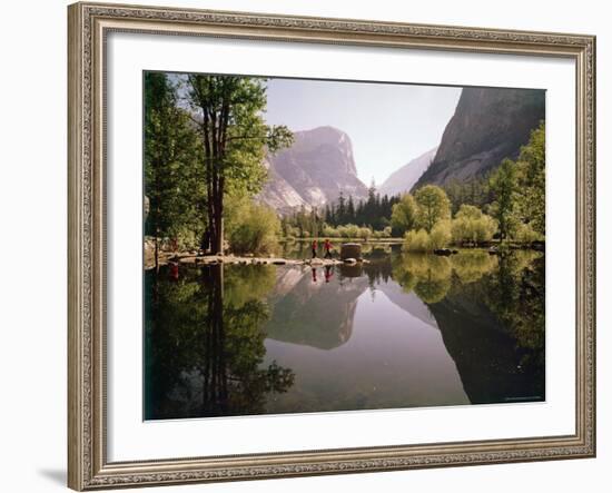 Children on Rocks on Mirror Lake in Yosemite National Park with Mountain Rising in the Background-Ralph Crane-Framed Photographic Print