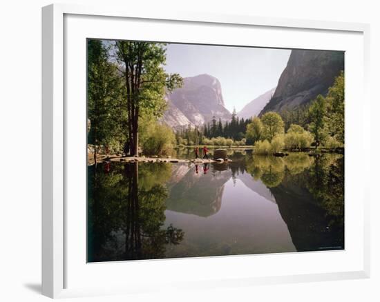 Children on Rocks on Mirror Lake in Yosemite National Park with Mountain Rising in the Background-Ralph Crane-Framed Photographic Print