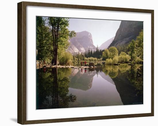 Children on Rocks on Mirror Lake in Yosemite National Park with Mountain Rising in the Background-Ralph Crane-Framed Photographic Print