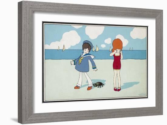 Children on the Beach, a Boy in a Sailor Suit Has His Trousers Bitten by a Crab-A. Bertiglia-Framed Art Print