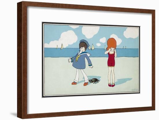 Children on the Beach, a Boy in a Sailor Suit Has His Trousers Bitten by a Crab-A. Bertiglia-Framed Art Print